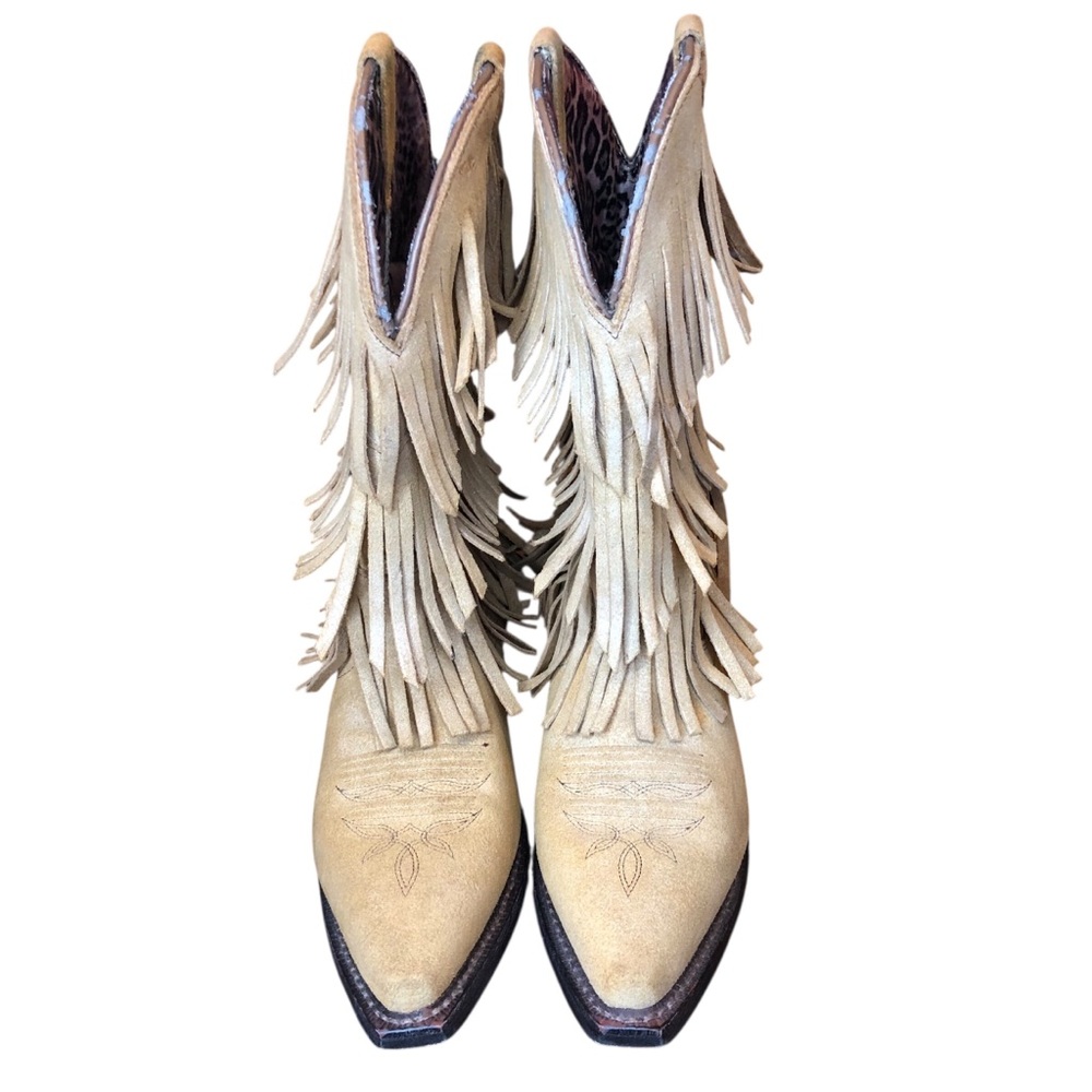 Dingo Tres Fringe Western Boots Womens Size 8 Suede Leather Cowgirl Neutral - Picture 5 of 13